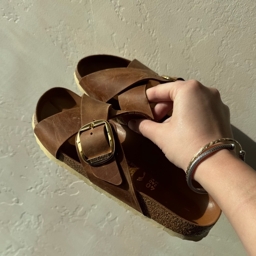 SOLD! Birkenstock Brown Leather Sandals with Gold Buckle